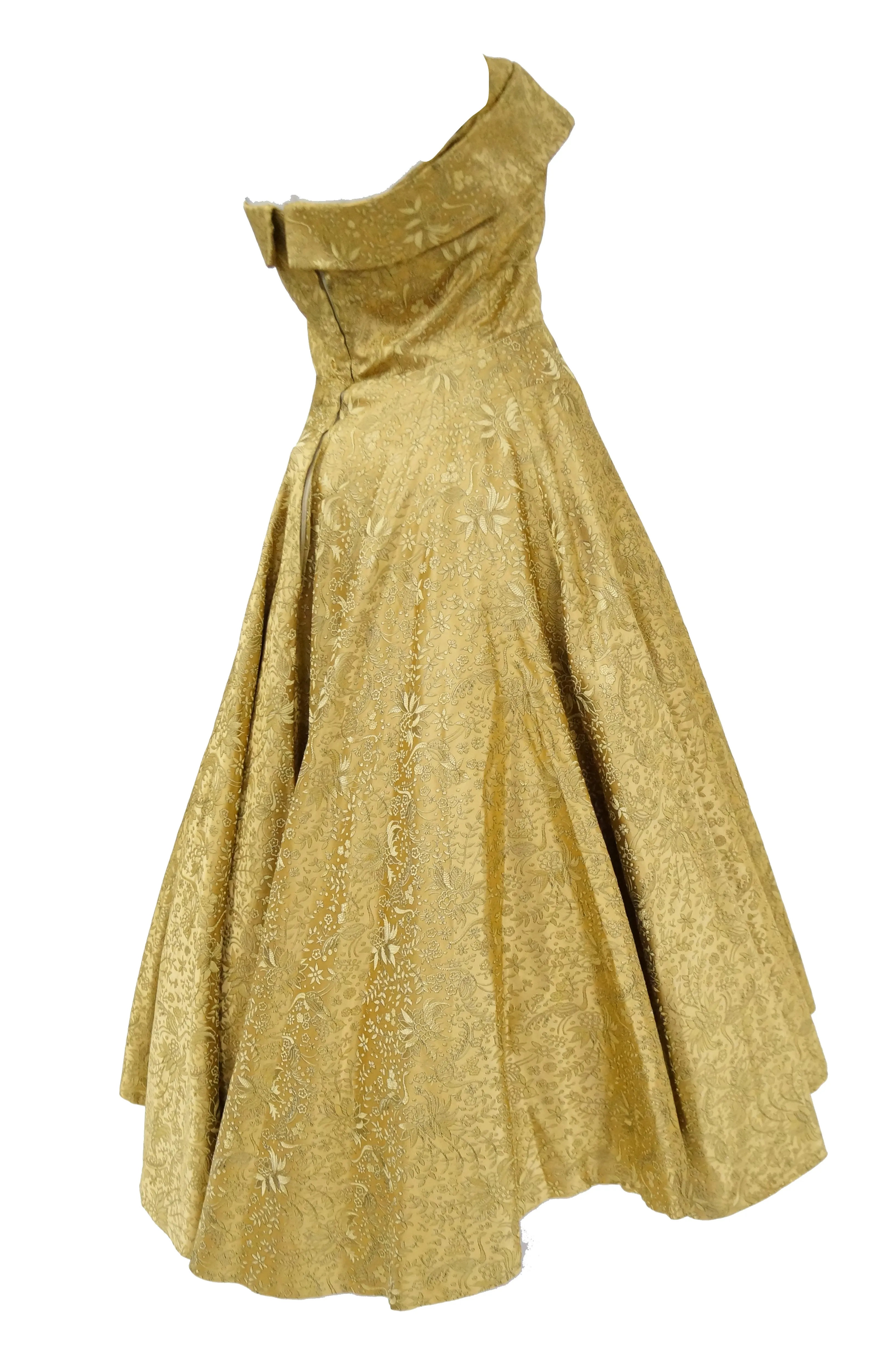 1950s Gold Floral & Peacock Brocade New Look Evening Dress