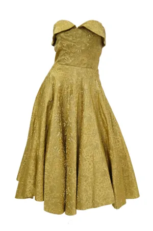 1950s Gold Floral & Peacock Brocade New Look Evening Dress