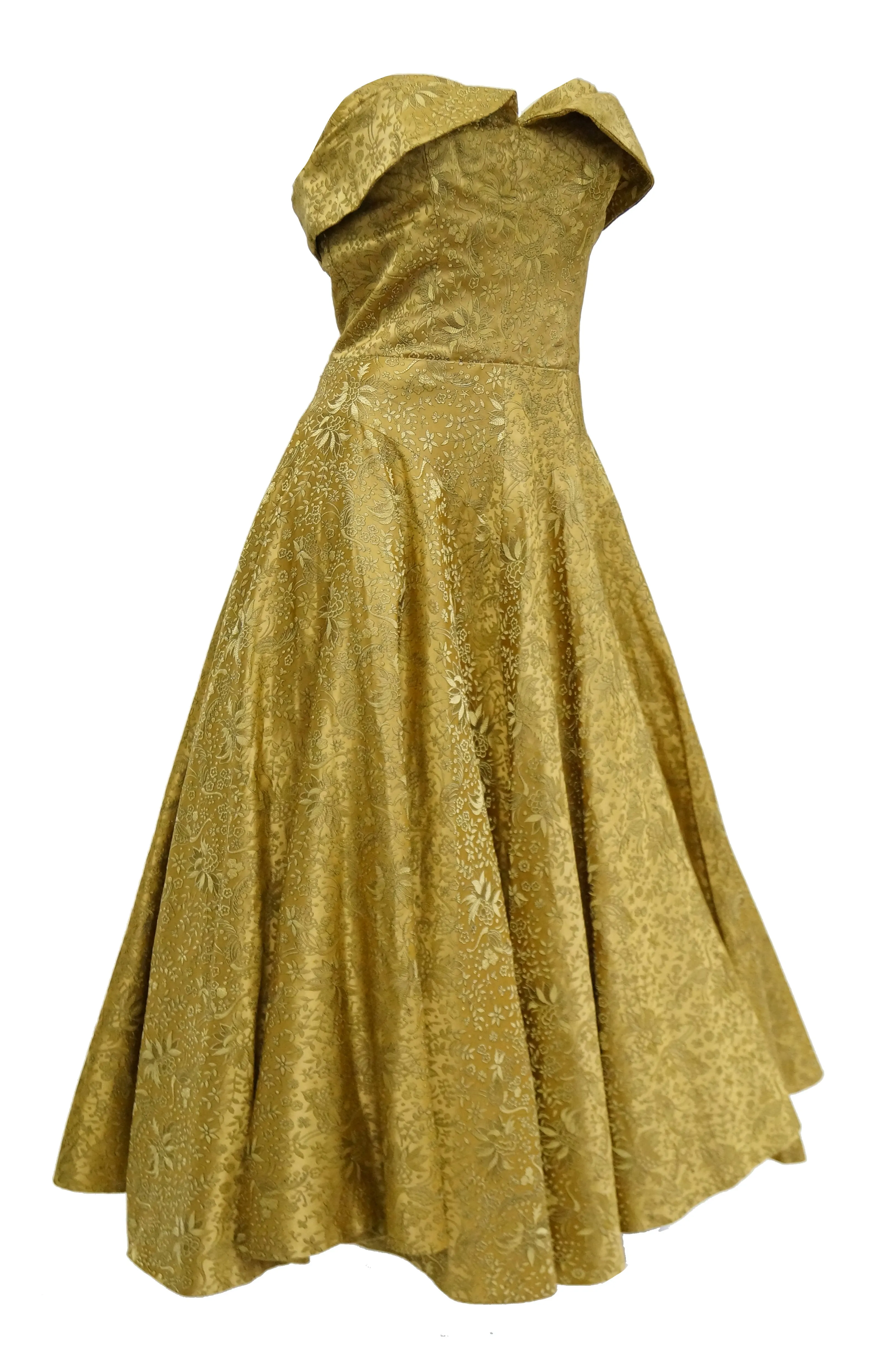 1950s Gold Floral & Peacock Brocade New Look Evening Dress
