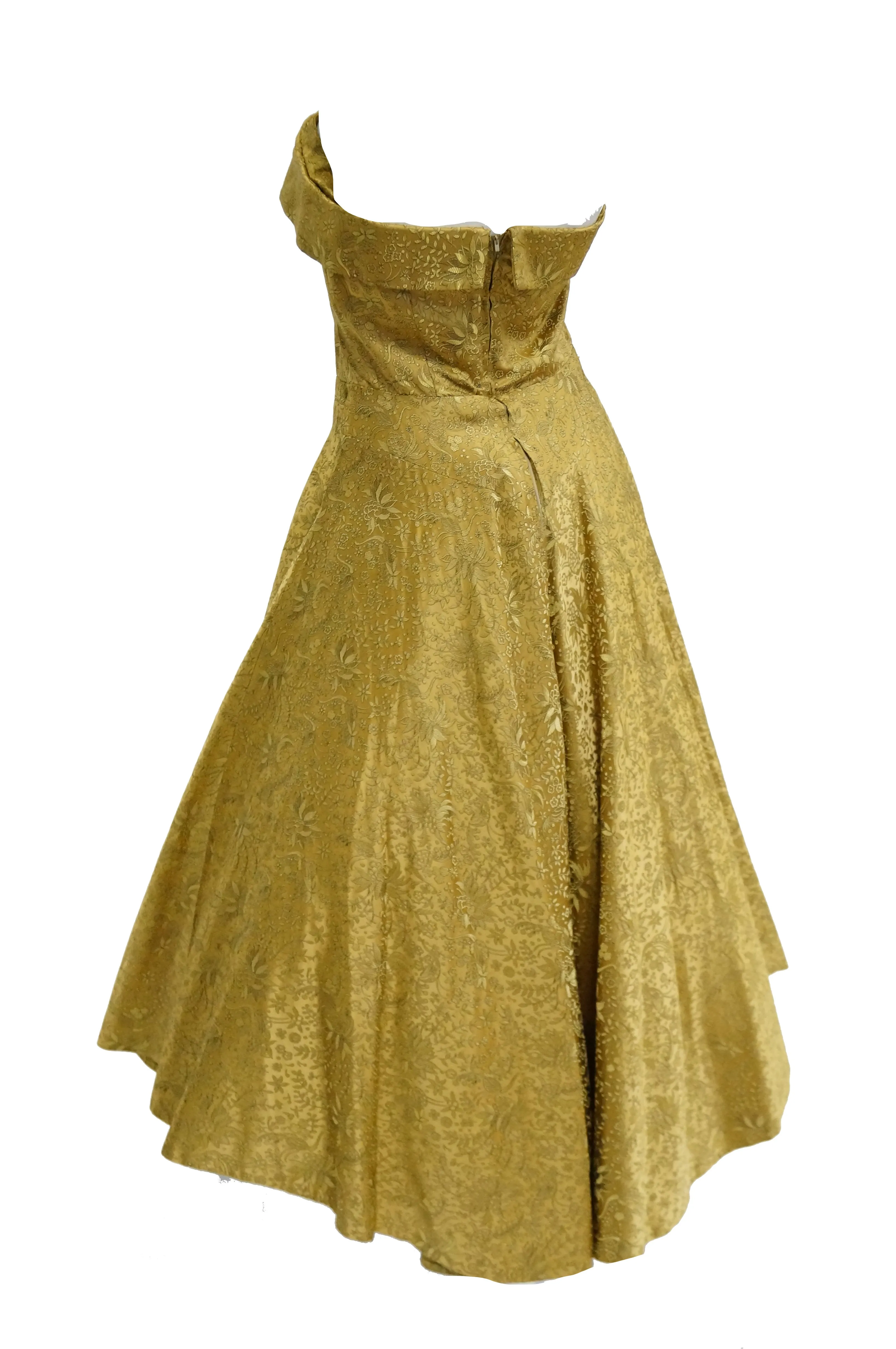 1950s Gold Floral & Peacock Brocade New Look Evening Dress