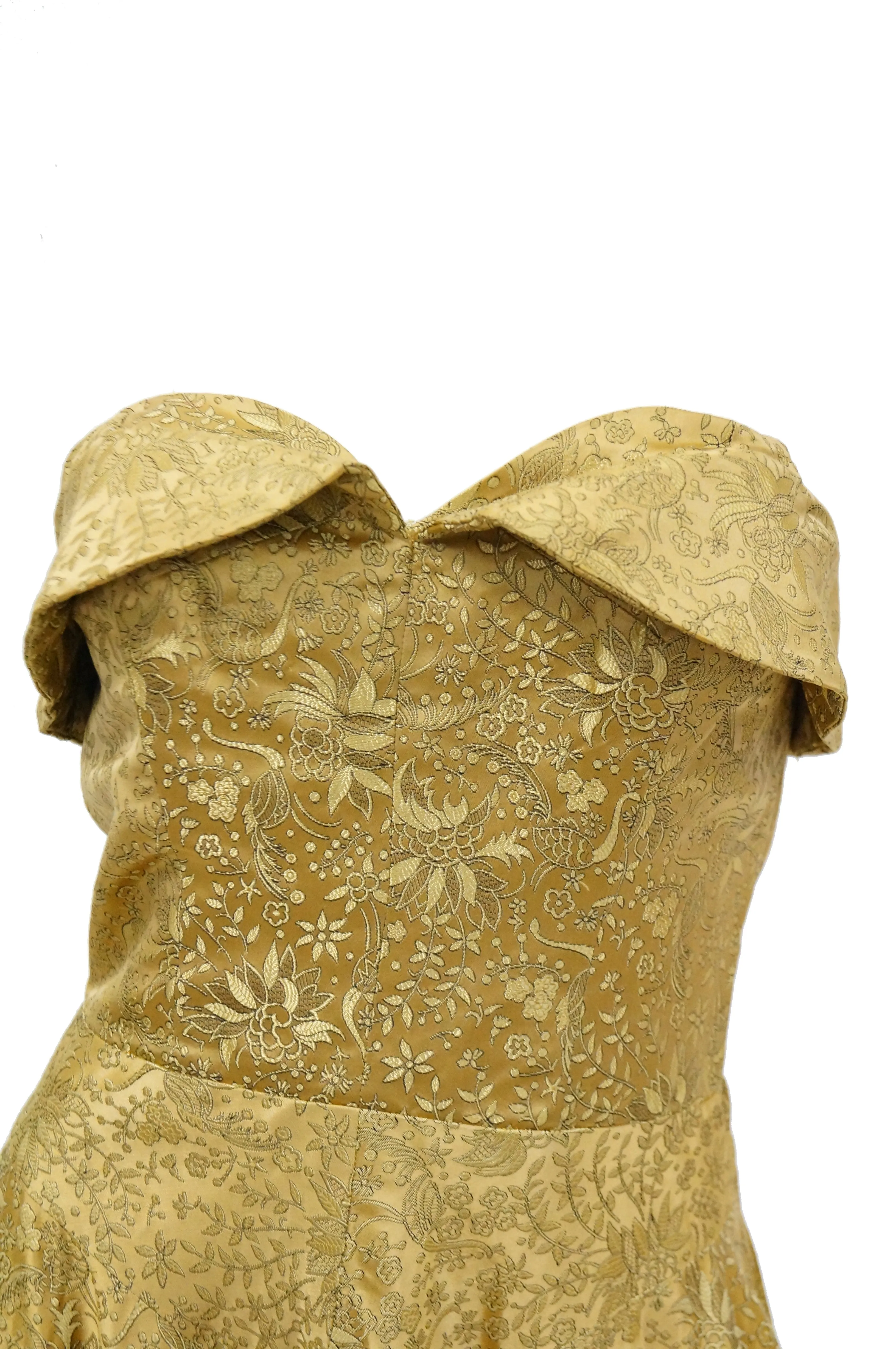 1950s Gold Floral & Peacock Brocade New Look Evening Dress