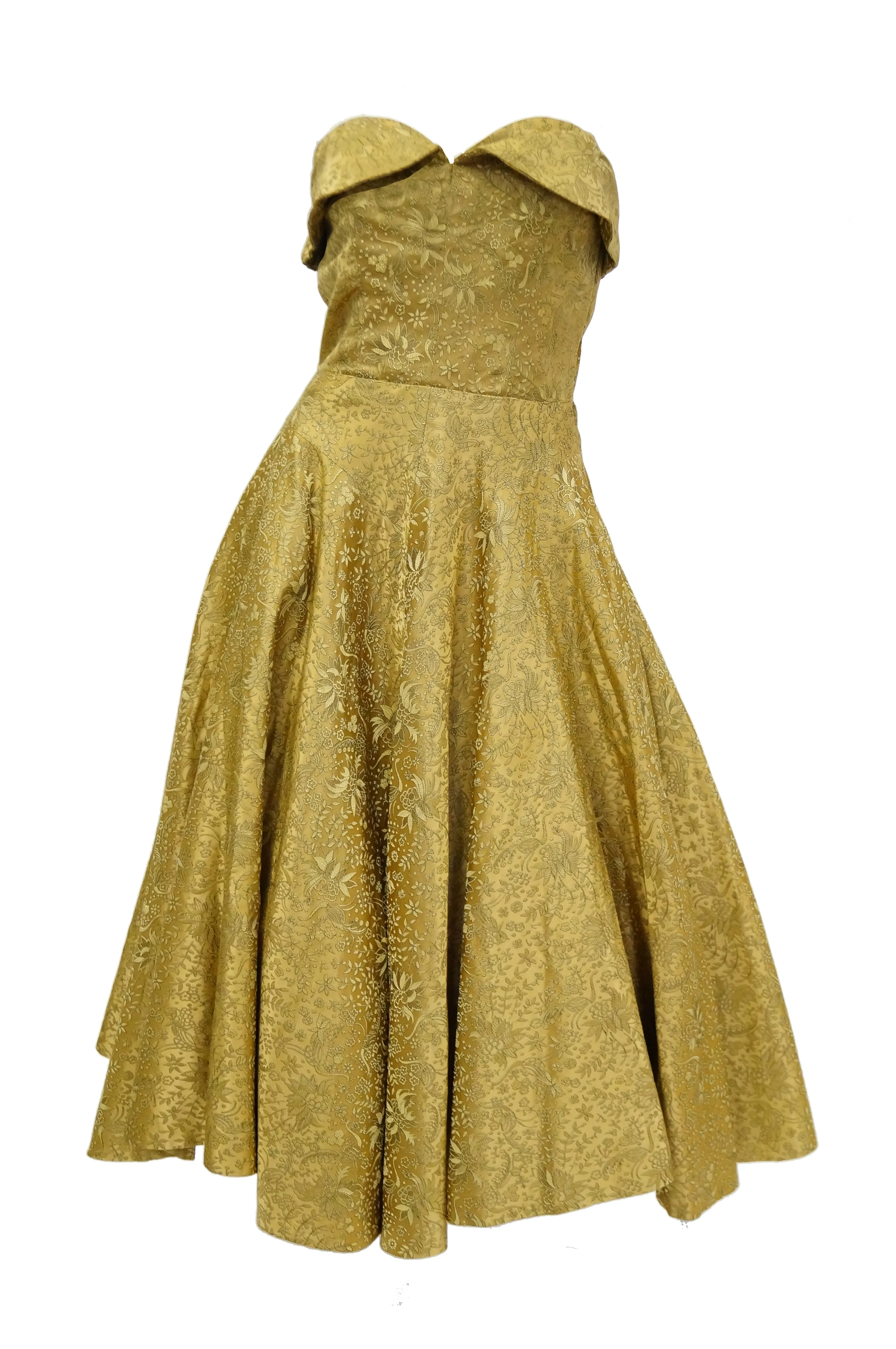 1950s Gold Floral & Peacock Brocade New Look Evening Dress