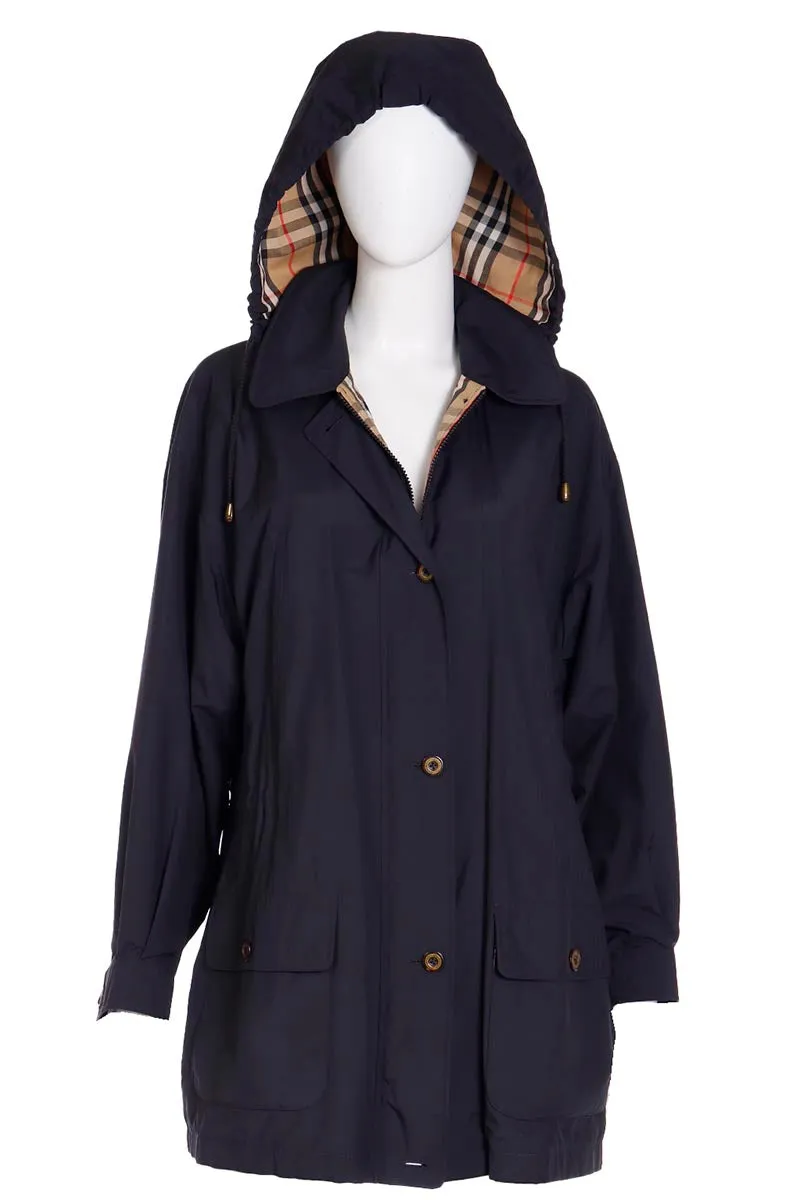 1990s Burberrys Black Raincoat With Hood & Nova Check Lining