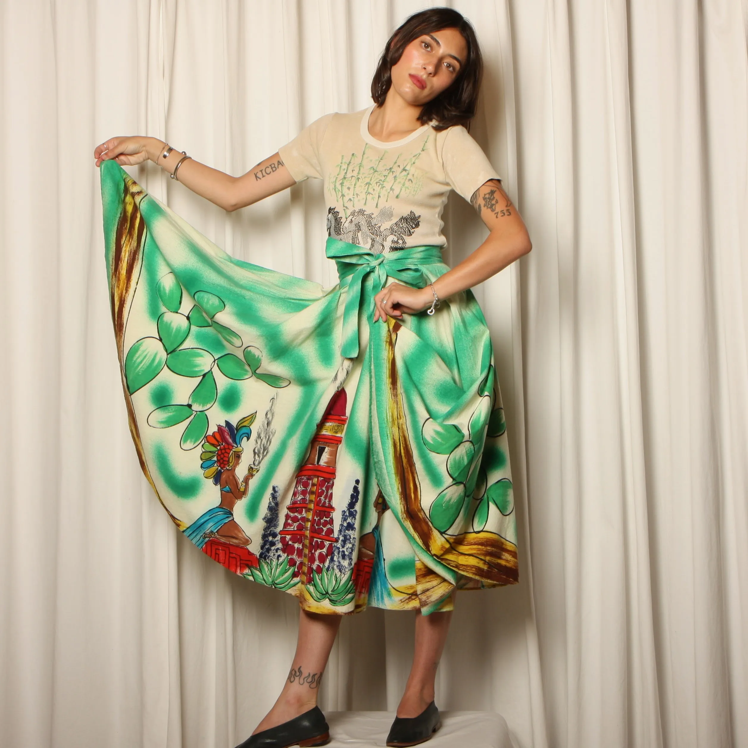 50's Hand Painted Cotton Mexican Souvenir Skirt