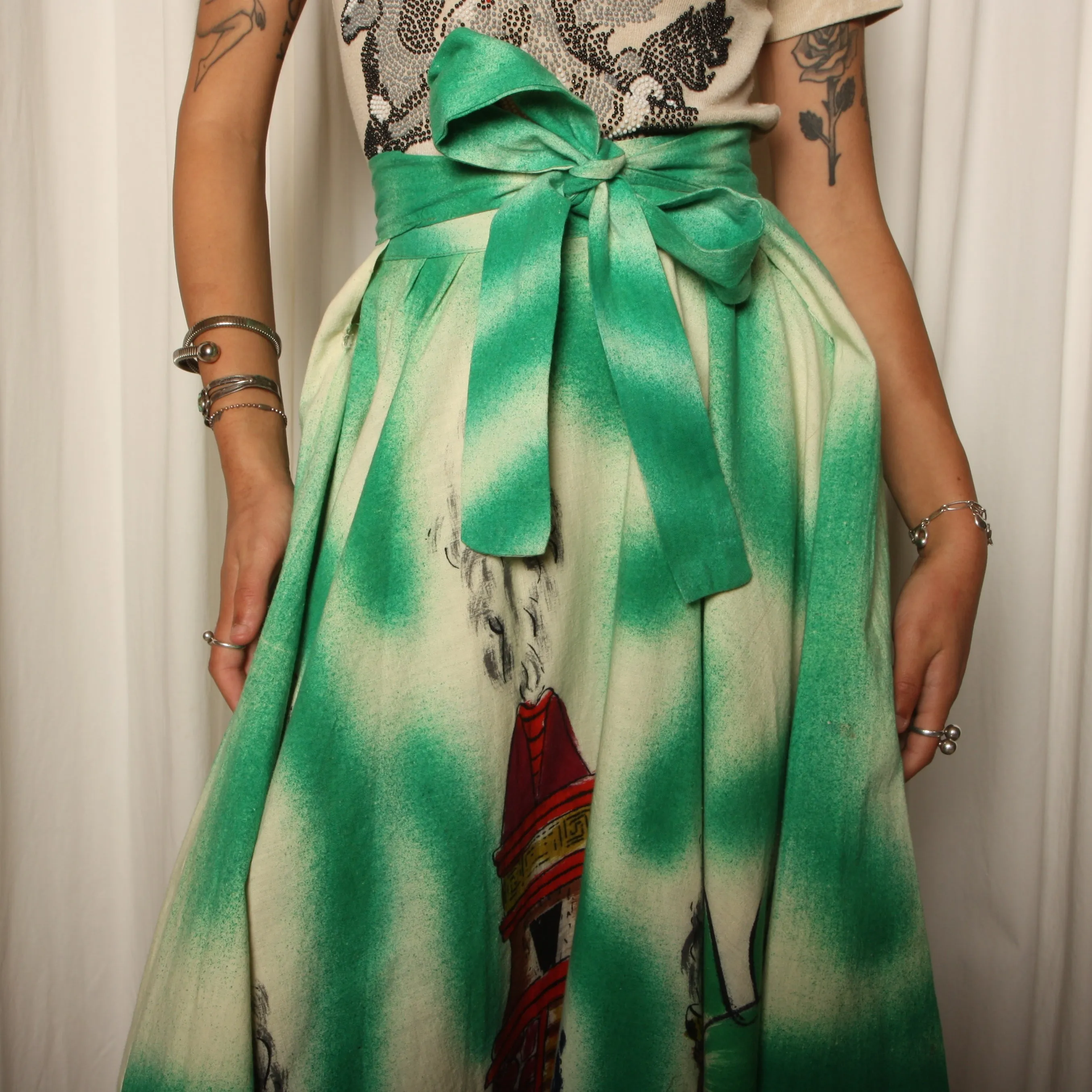 50's Hand Painted Cotton Mexican Souvenir Skirt