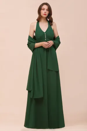 A-line Halter V-neck Chiffon Long Bridesmaid Dress With Rhinestone