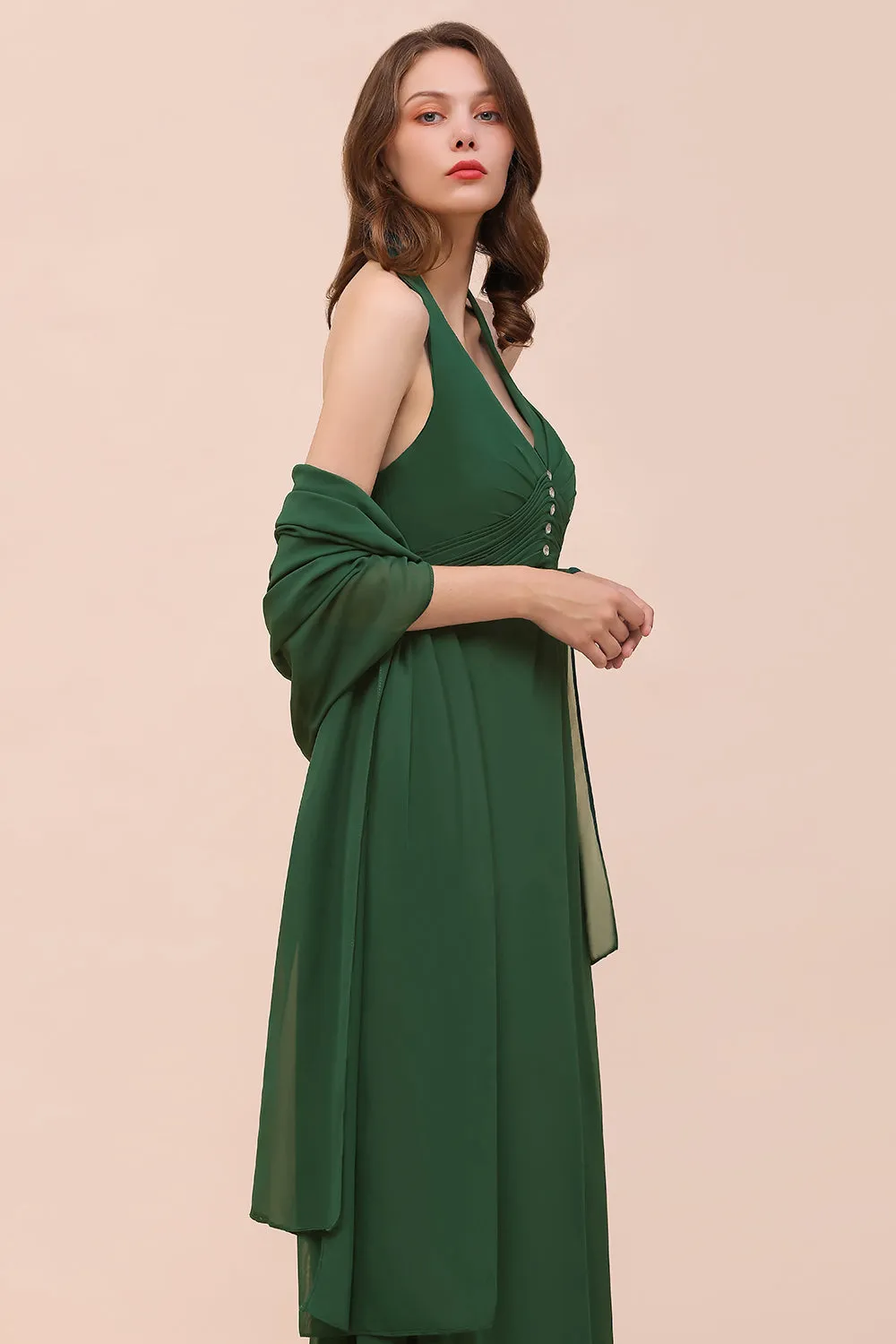 A-line Halter V-neck Chiffon Long Bridesmaid Dress With Rhinestone