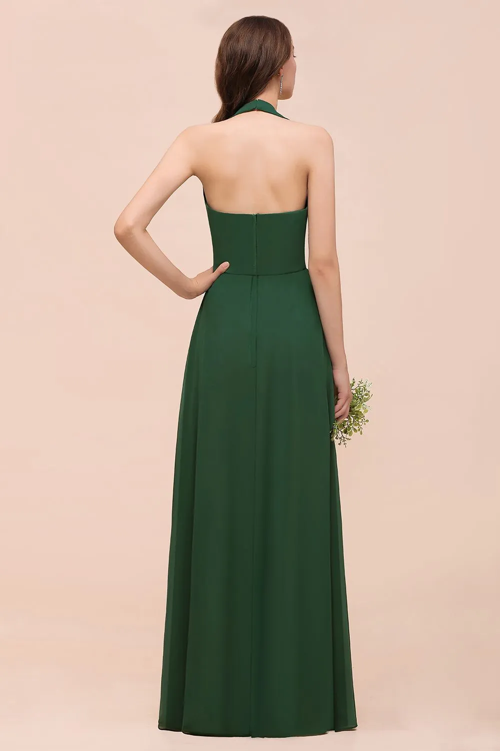 A-line Halter V-neck Chiffon Long Bridesmaid Dress With Rhinestone