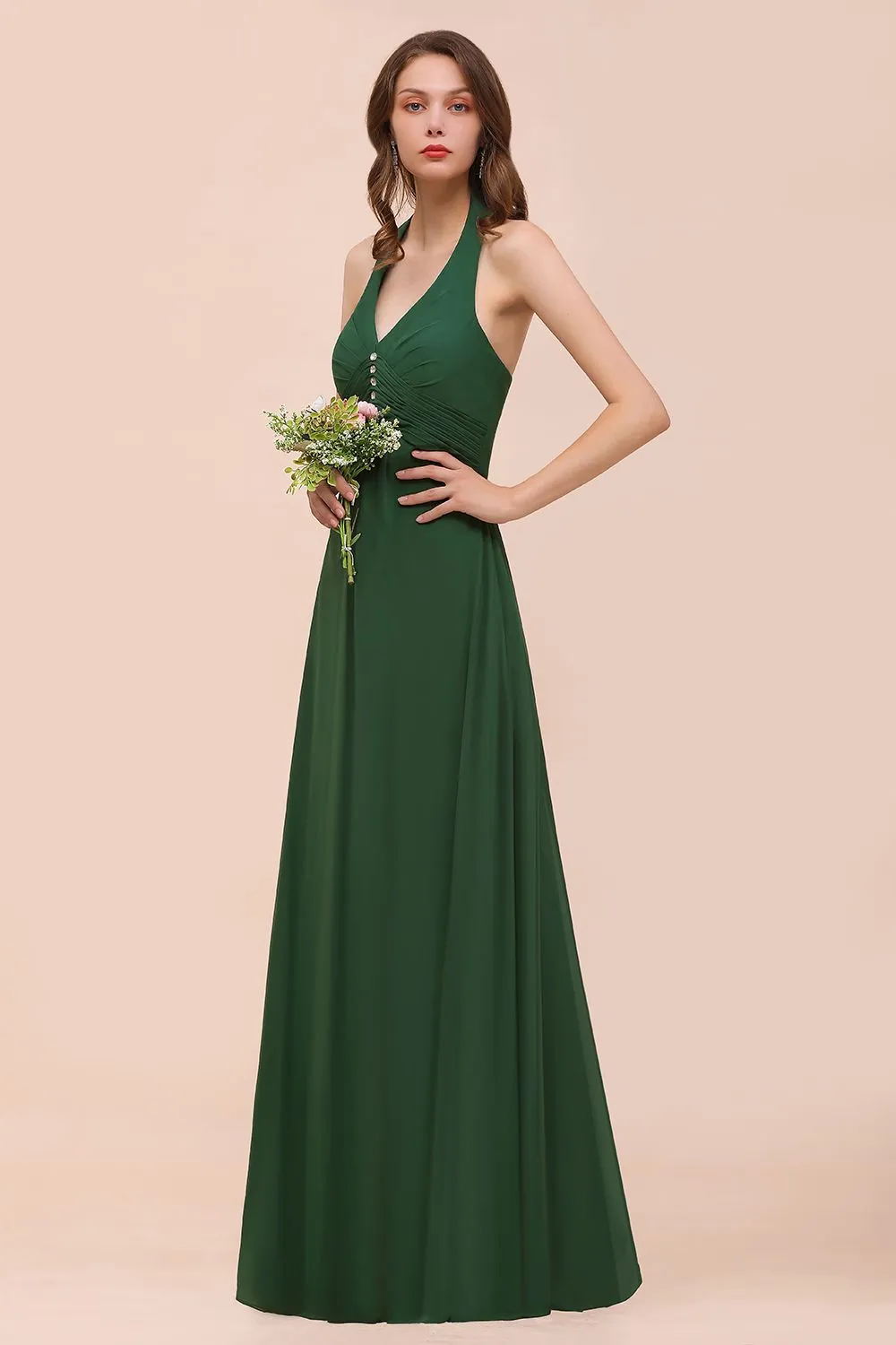 A-line Halter V-neck Chiffon Long Bridesmaid Dress With Rhinestone