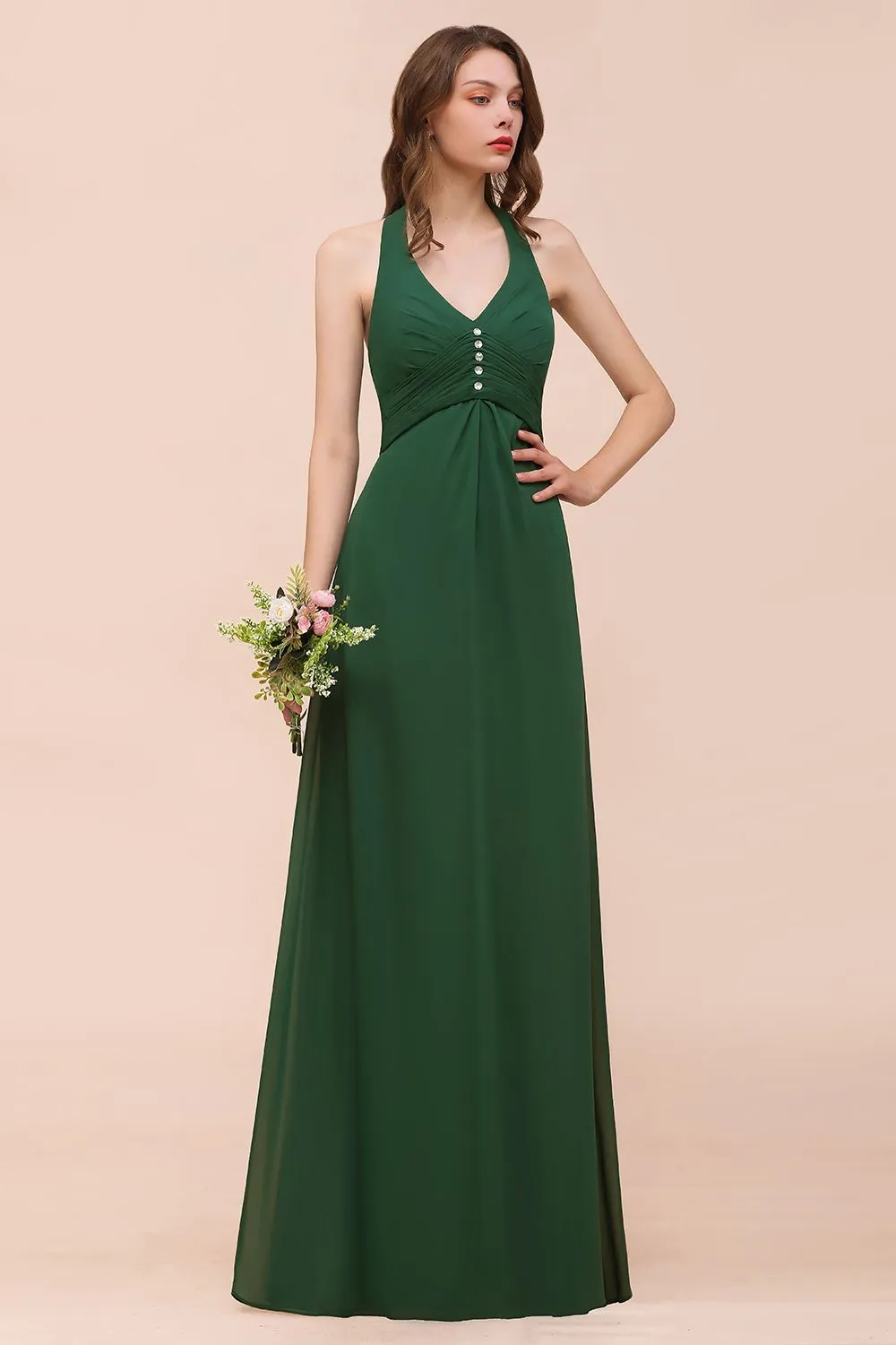 A-line Halter V-neck Chiffon Long Bridesmaid Dress With Rhinestone