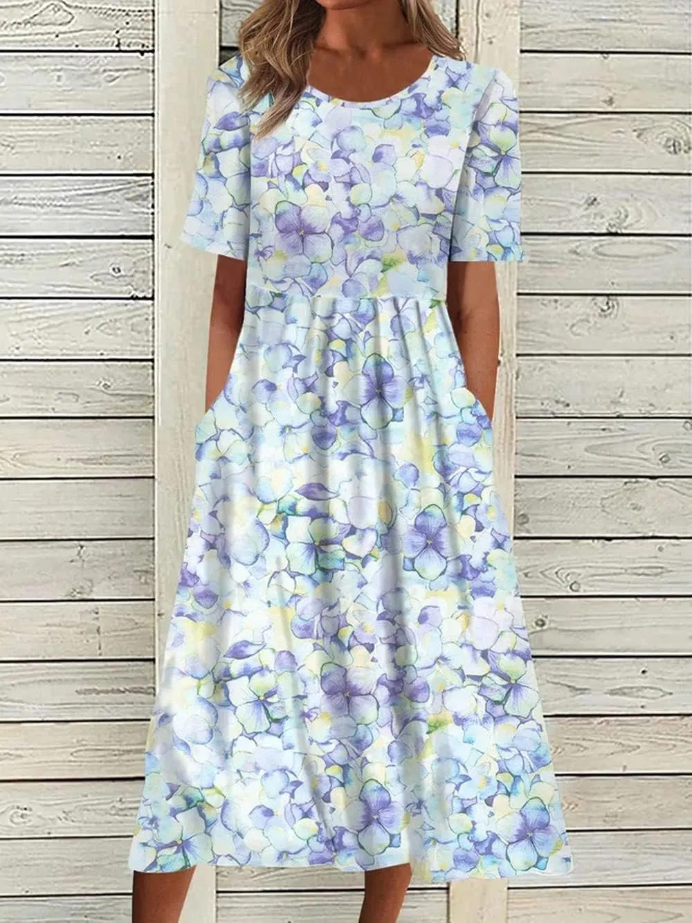 Akivide Womens Boho Floral Flowy Midi Dresses Casual Loose Summer Short Sleeve Beach Dress with Pockets