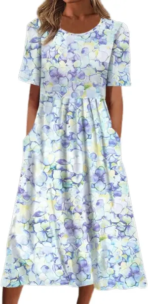 Akivide Womens Boho Floral Flowy Midi Dresses Casual Loose Summer Short Sleeve Beach Dress with Pockets