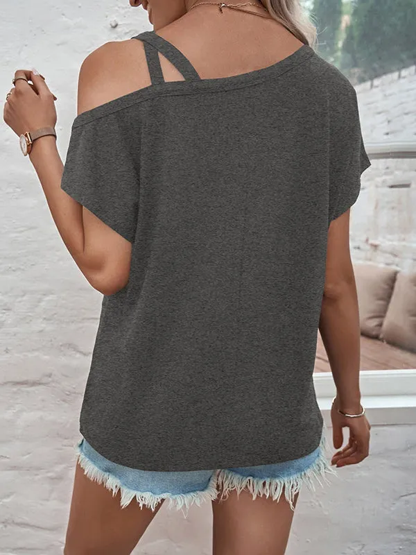 Asymmetric Solid Color Loose Short Sleeves Cold Shoulder T-Shirts