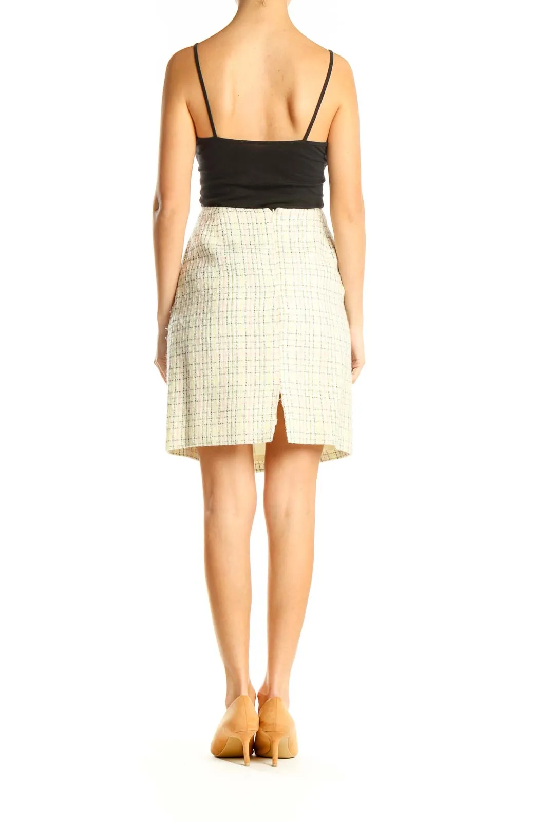 Beige Plaid Tweed Pencil Skirt