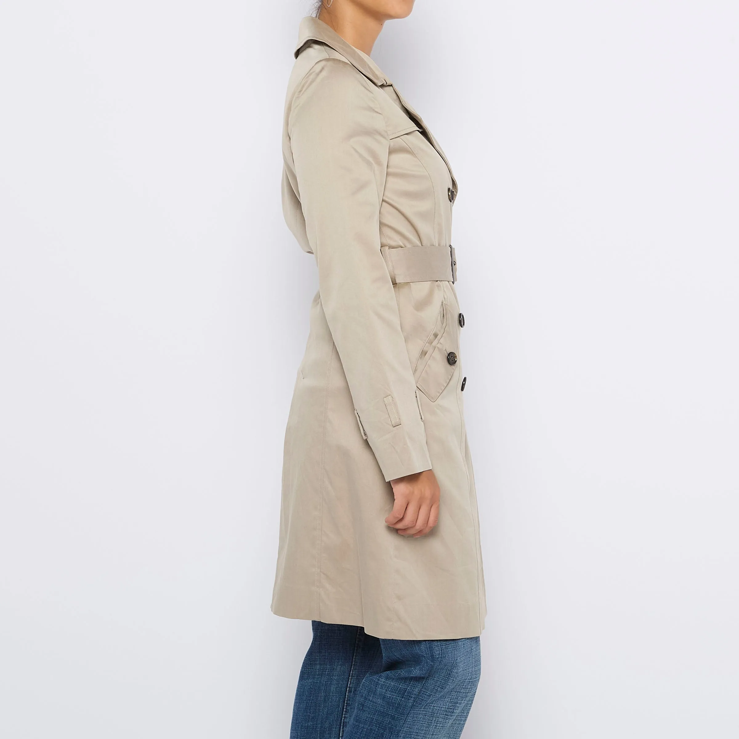 Beige Sateen Double Breasted Trench Coat - M