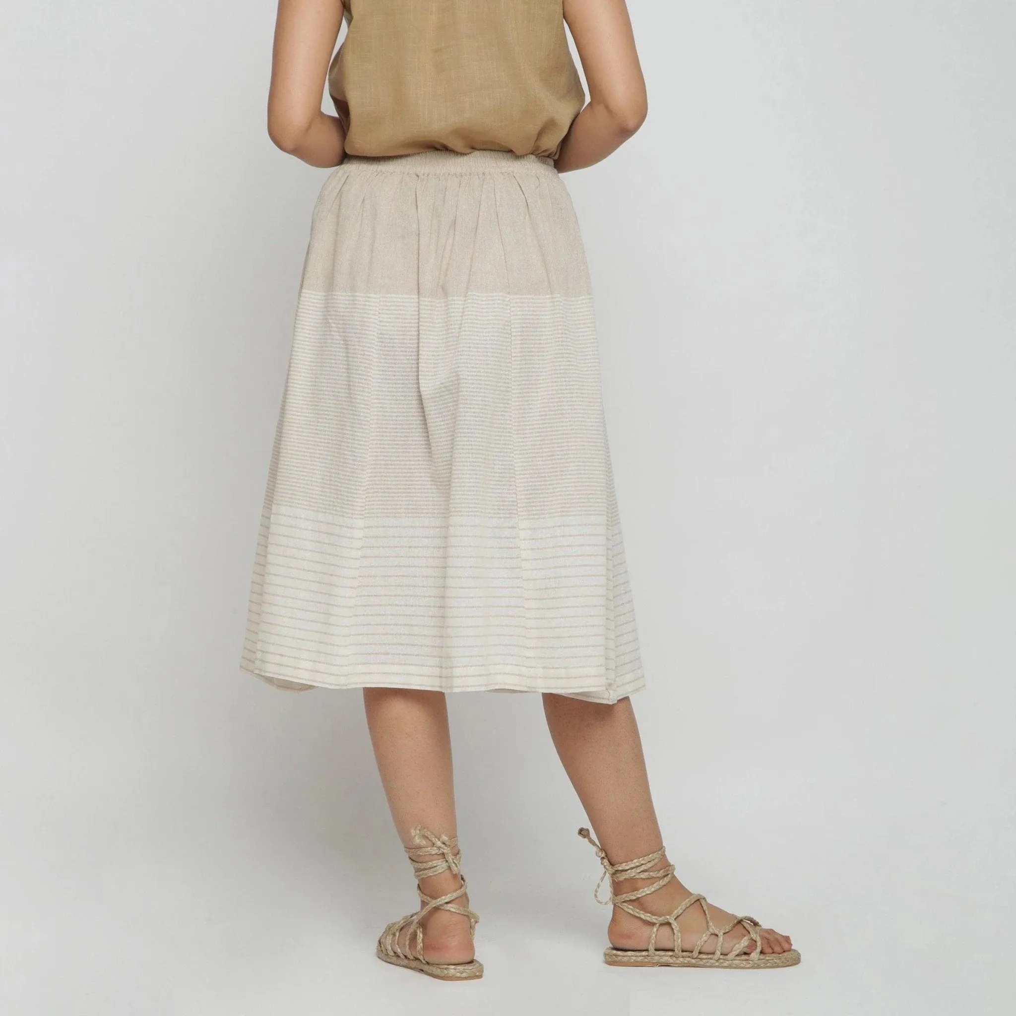 Beige Striped Cotton Elasticated Midi Paneled Skirt
