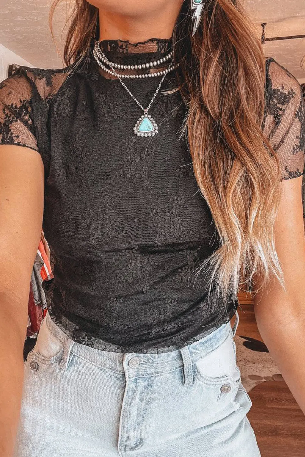 Black Floral Sheer Mesh Short Sleeve Mock Neck Blouse