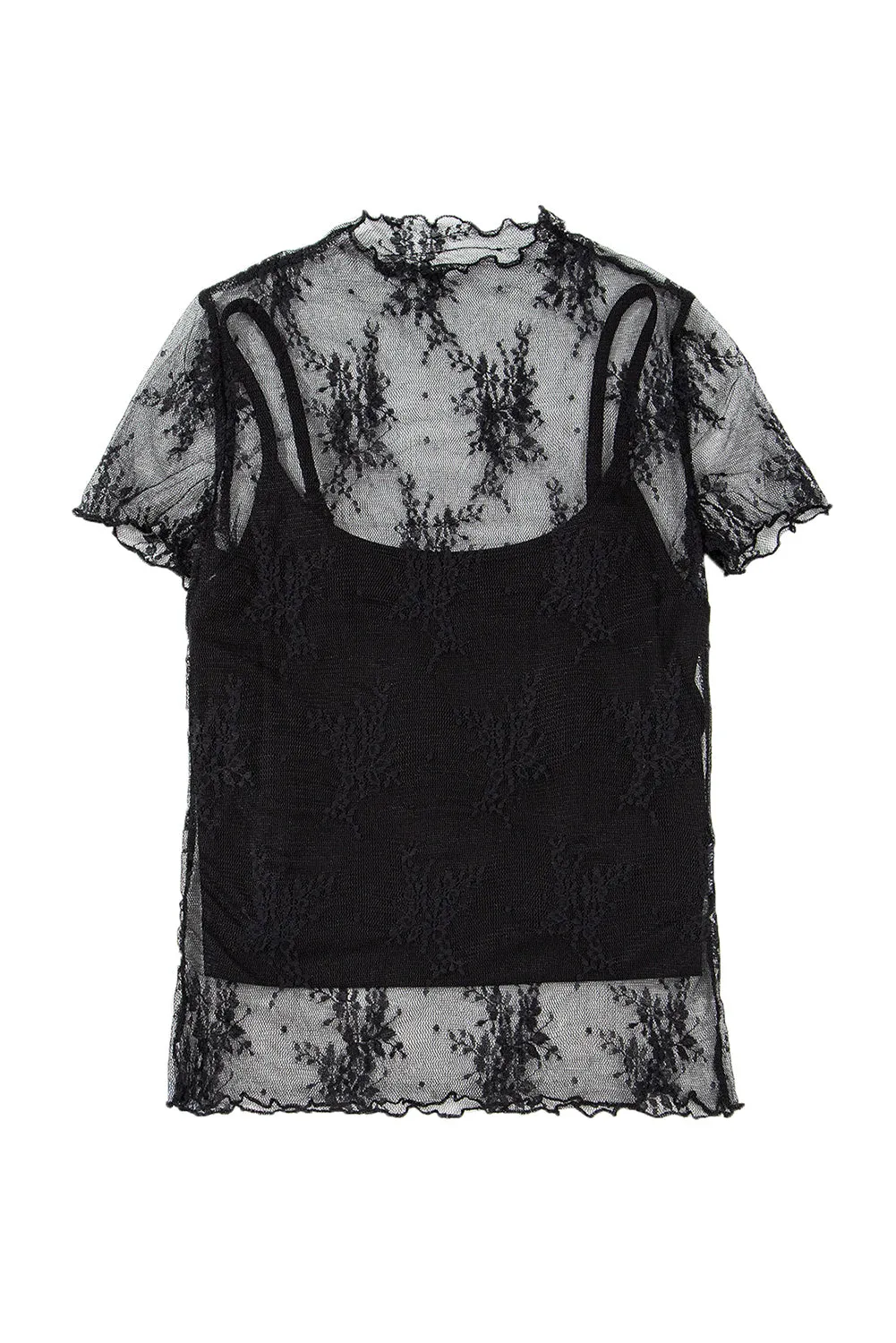 Black Floral Sheer Mesh Short Sleeve Mock Neck Blouse