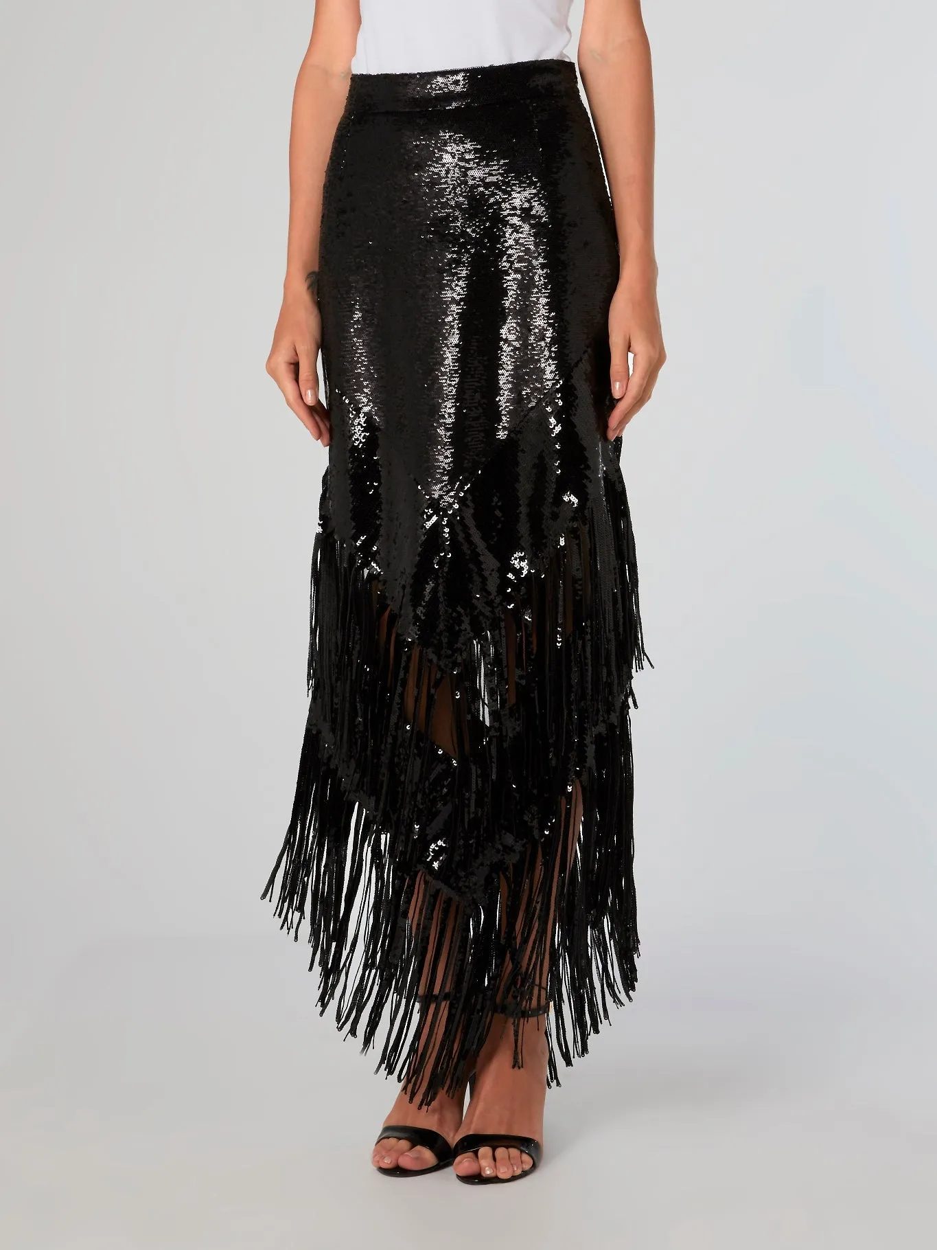 Black Fringe Hem Sequin Skirt