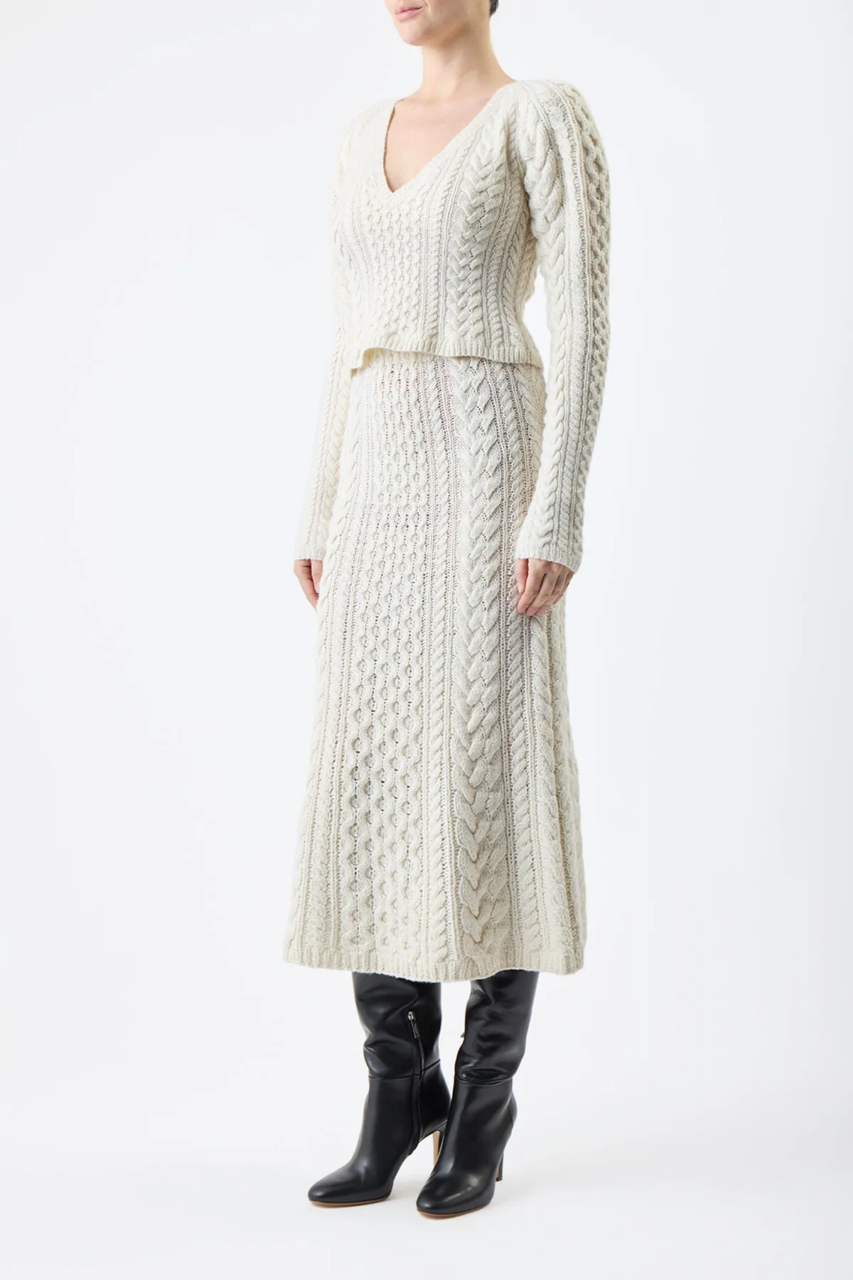 Callum Knit Midi Skirt in Ivory Cashmere