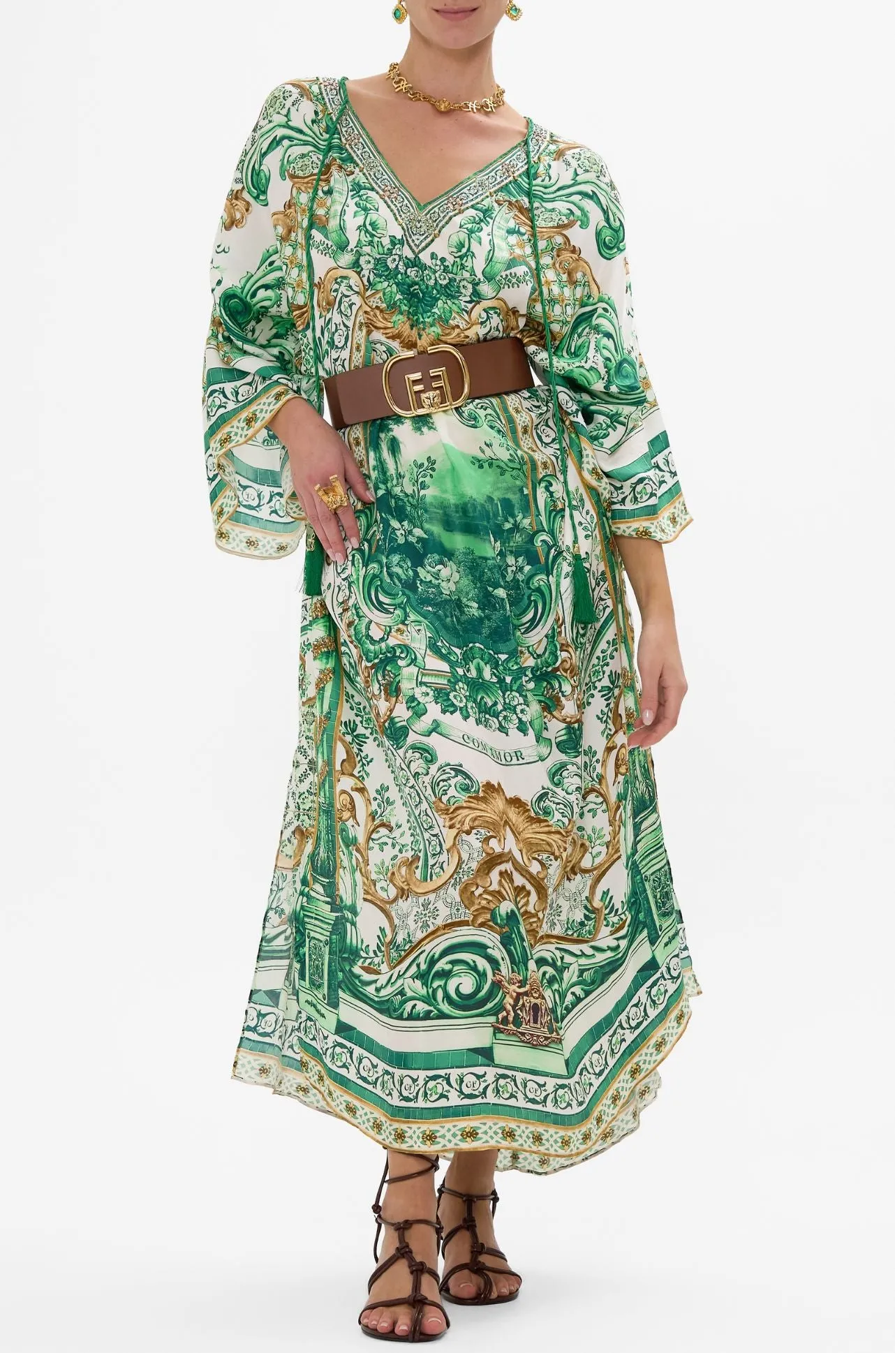Camilla - Corridor Of Calm V Neck Kaftan with Ties