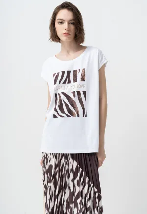 Choice Printed Motif Cap Sleeves T-Shirt Off White