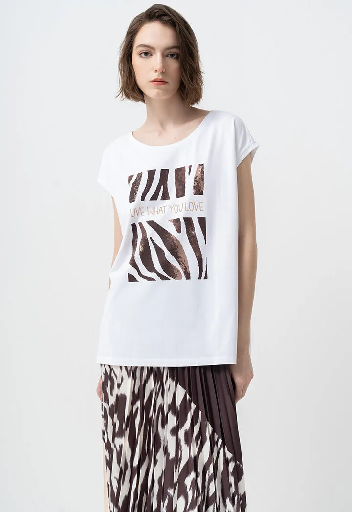 Choice Printed Motif Cap Sleeves T-Shirt Off White