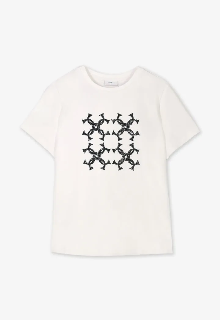 Choice Solid Sequin Monogram T-Shirt Off White