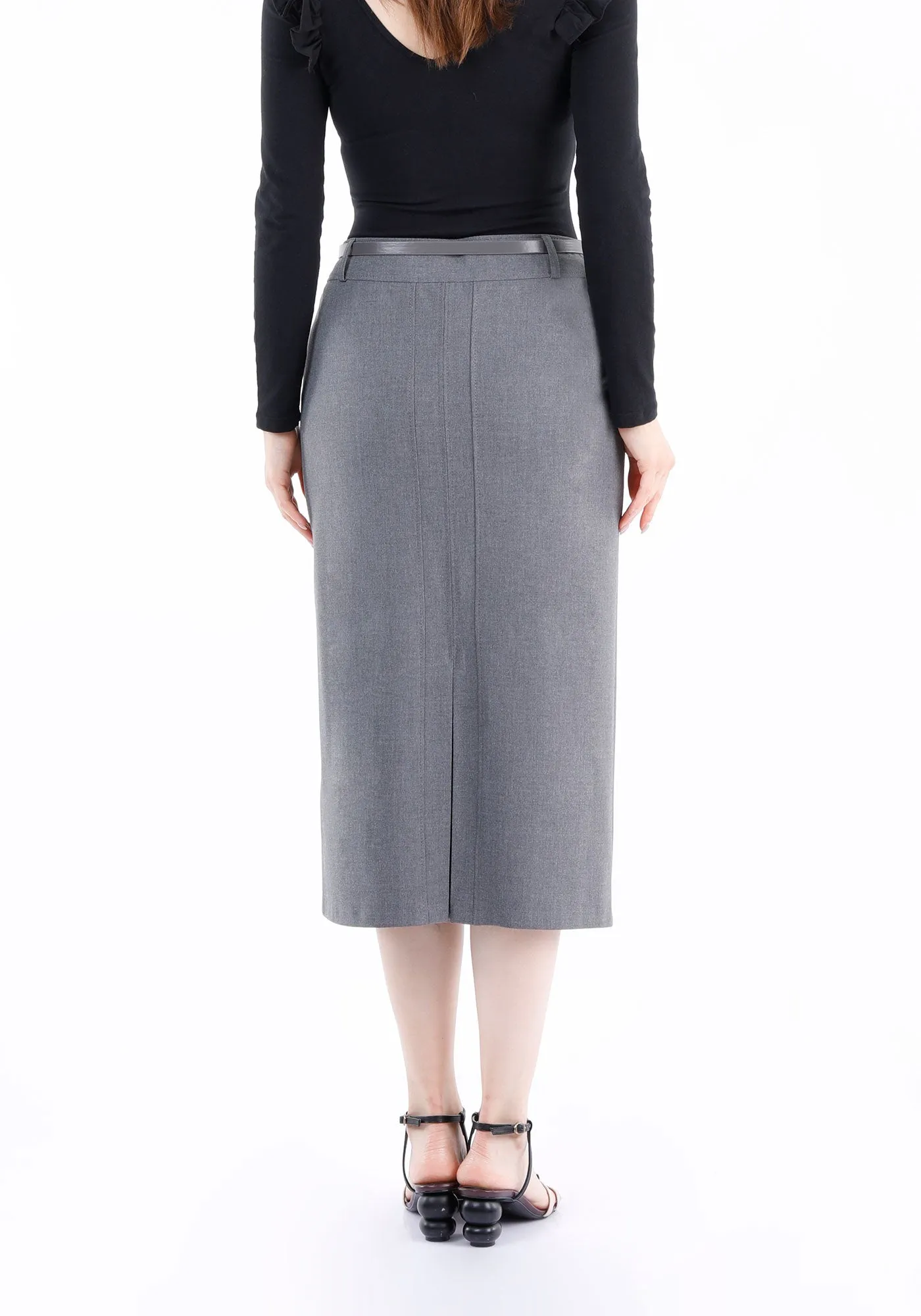 Classic Grey High Waisted Midi Pencil Skirt with Belt