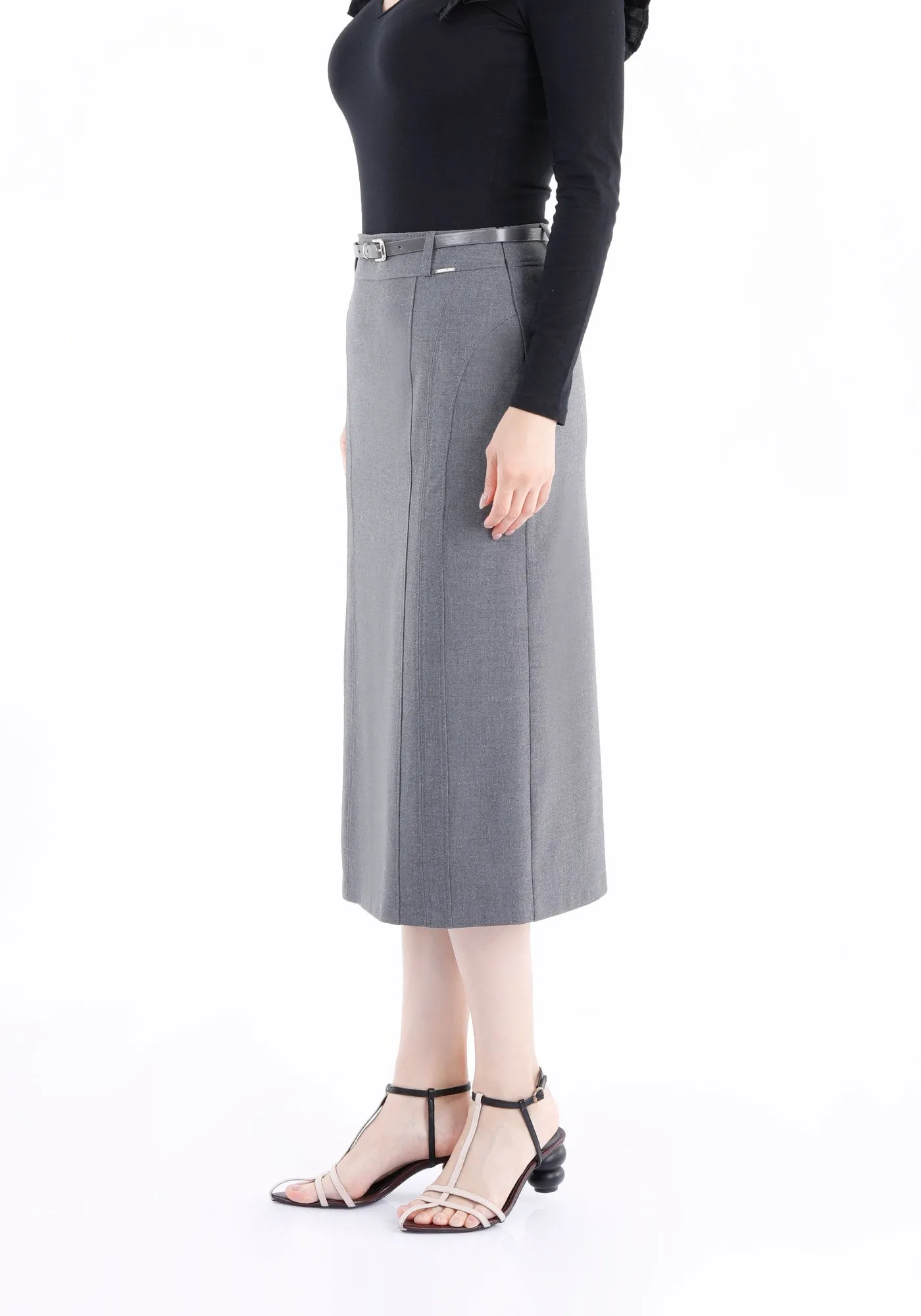 Classic Grey High Waisted Midi Pencil Skirt with Belt