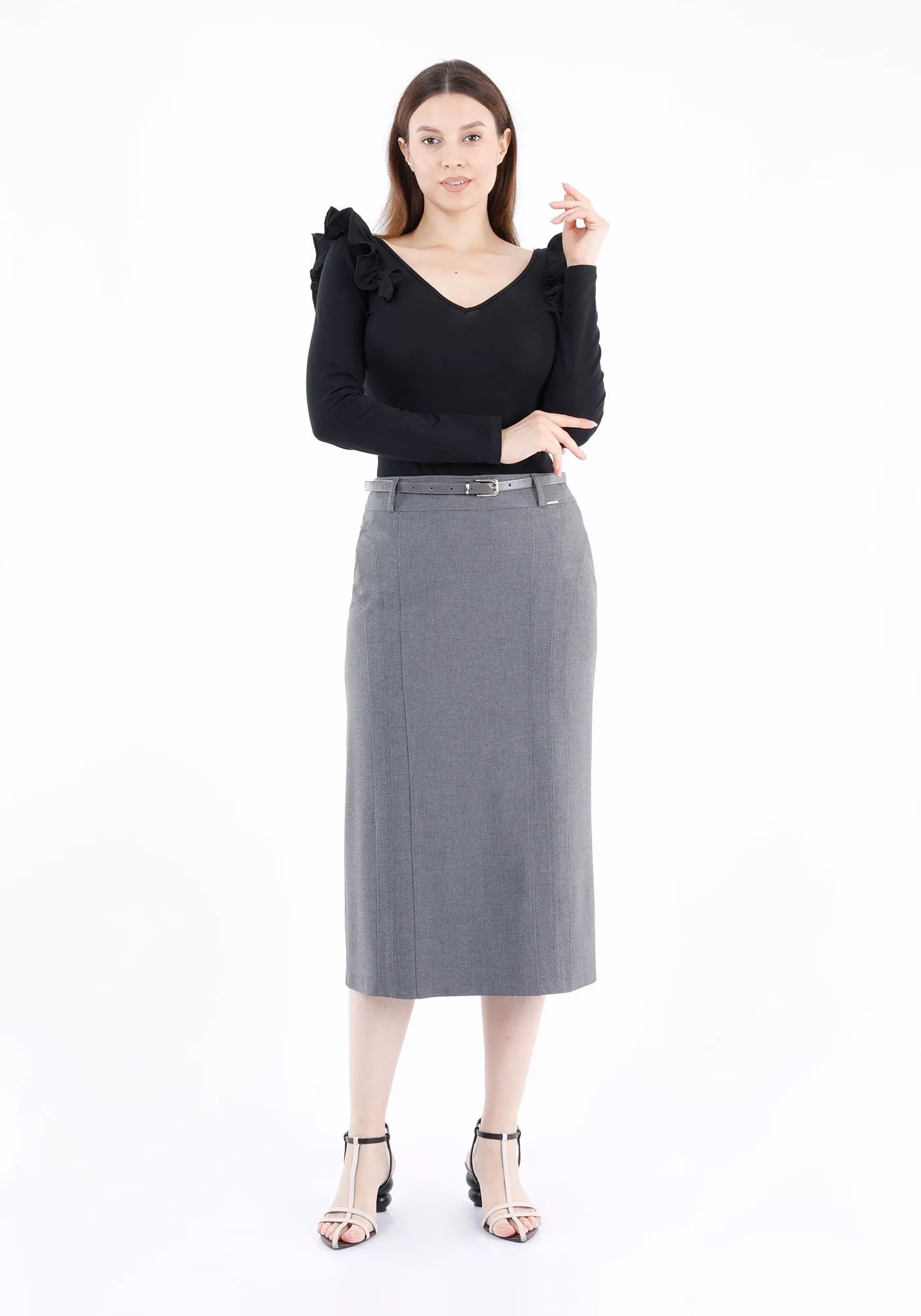 Classic Grey High Waisted Midi Pencil Skirt with Belt