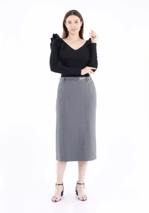Classic Grey High Waisted Midi Pencil Skirt with Belt