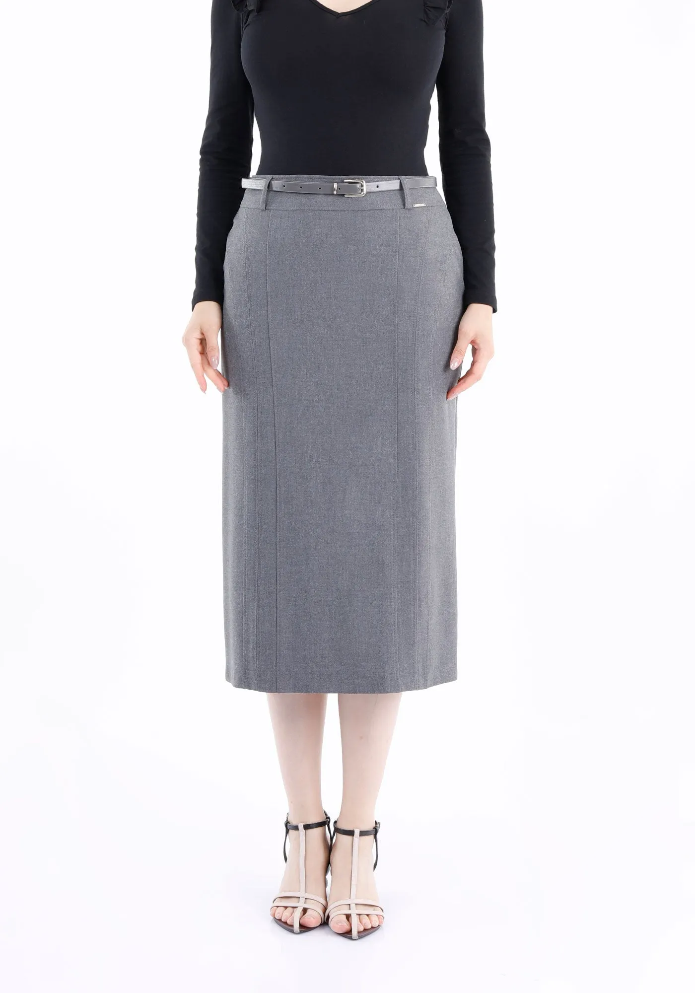Classic Grey High Waisted Midi Pencil Skirt with Belt