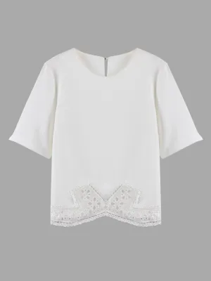 Custom Round Neck Lace Half Sleeve Irregular Hem White T-Shirts