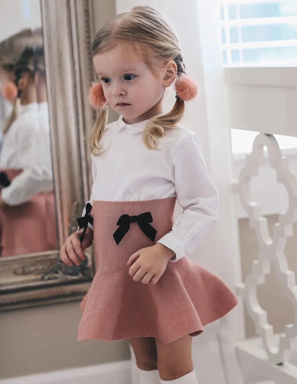 Flare Skirt with Satin Bows, Dusty Pink