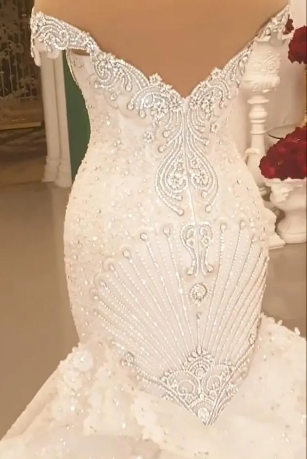 Gorgeous Long Off the Shoulder Crystal Backless Mermaid Wedding Dresses