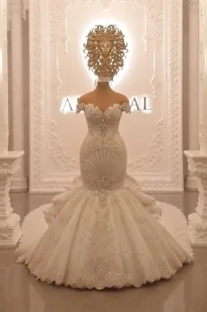 Gorgeous Long Off the Shoulder Crystal Backless Mermaid Wedding Dresses