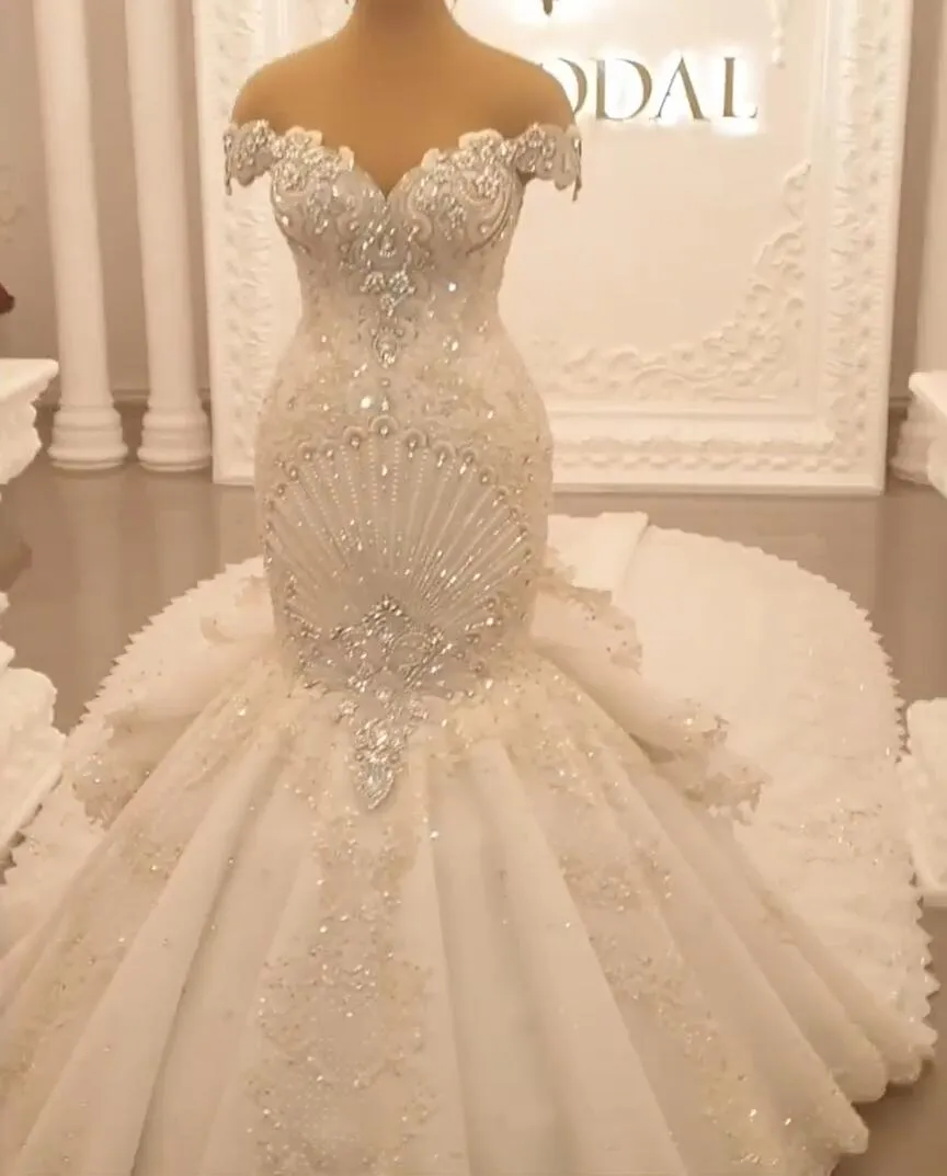 Gorgeous Long Off the Shoulder Crystal Backless Mermaid Wedding Dresses