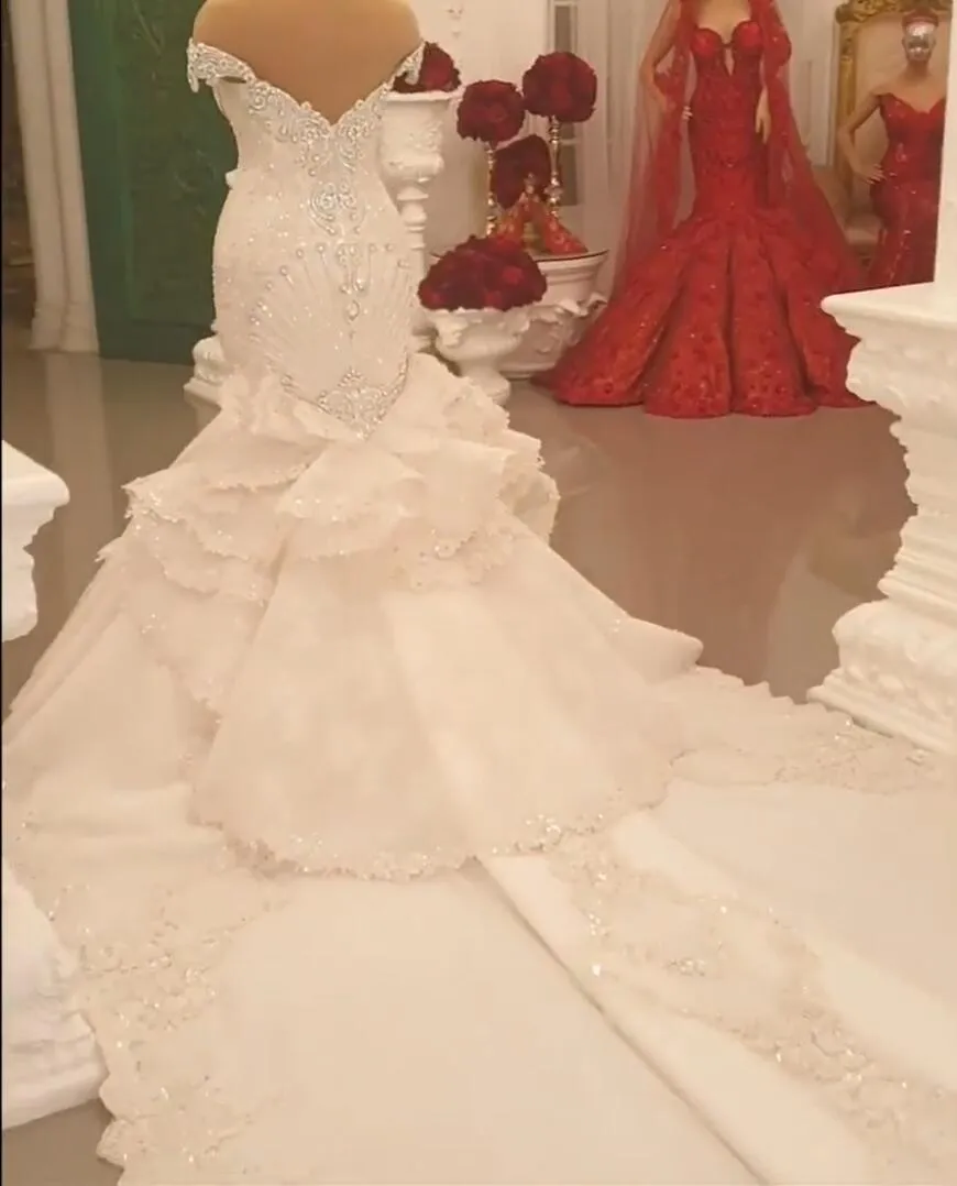 Gorgeous Long Off the Shoulder Crystal Backless Mermaid Wedding Dresses