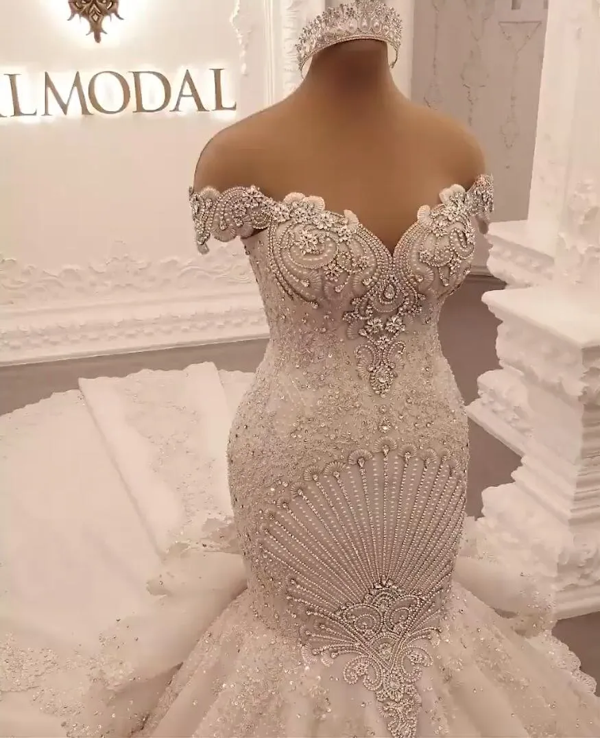 Gorgeous Long Off the Shoulder Crystal Backless Mermaid Wedding Dresses