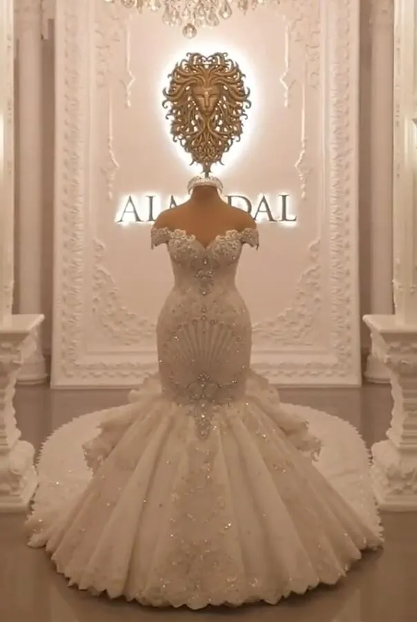 Gorgeous Long Off the Shoulder Crystal Backless Mermaid Wedding Dresses