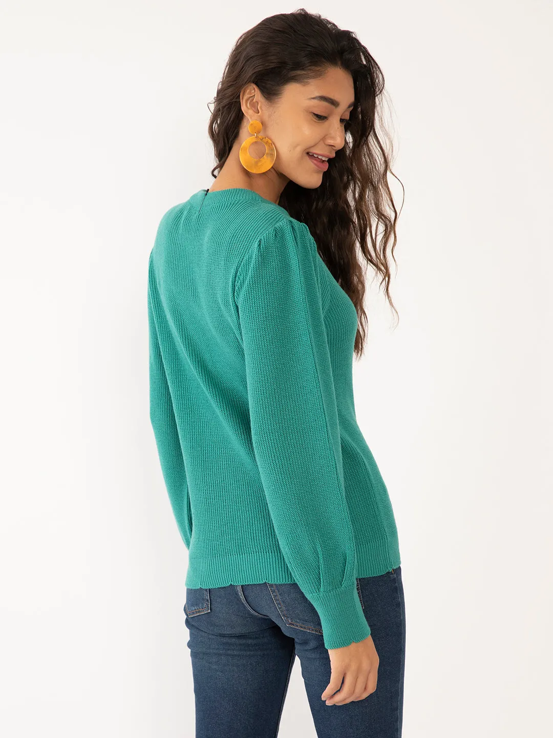 Green Solid Regular Sweaters