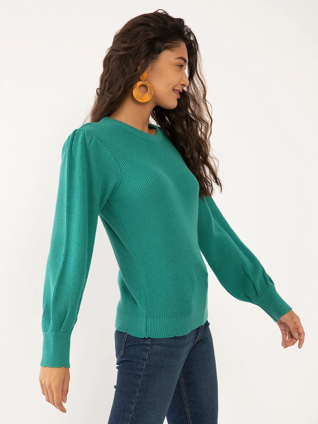 Green Solid Regular Sweaters