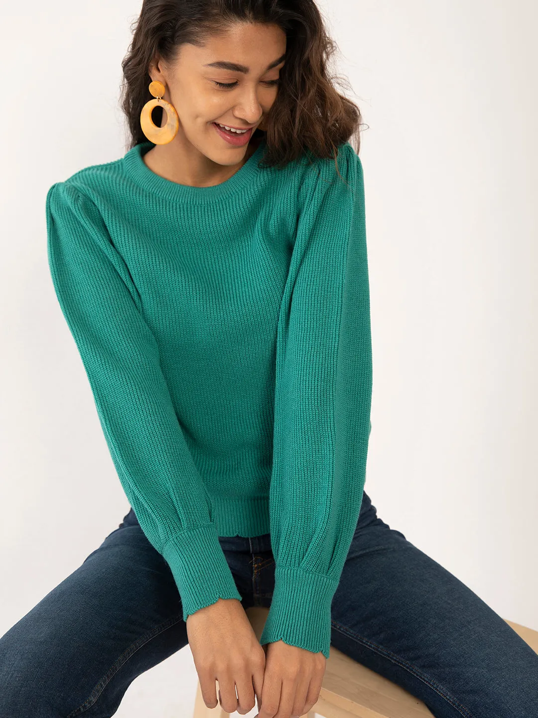 Green Solid Regular Sweaters