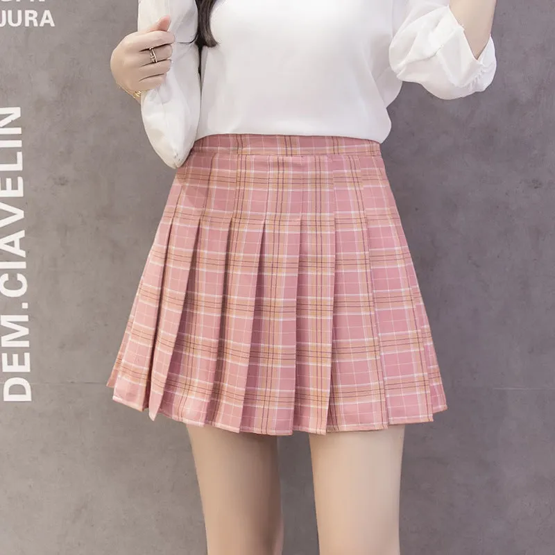 High Waist Skirt Summer Student Korean Chequered Elastic Slim Look Fresh Looking Pleated Women Skirt