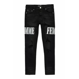 Homme   Femme Letterman Denim Black w/White