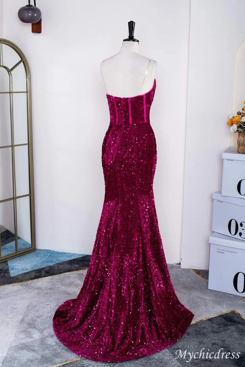 Hot Fuchsia Sequin Mermaid Prom Evening Dresses Magenta Sweetheart