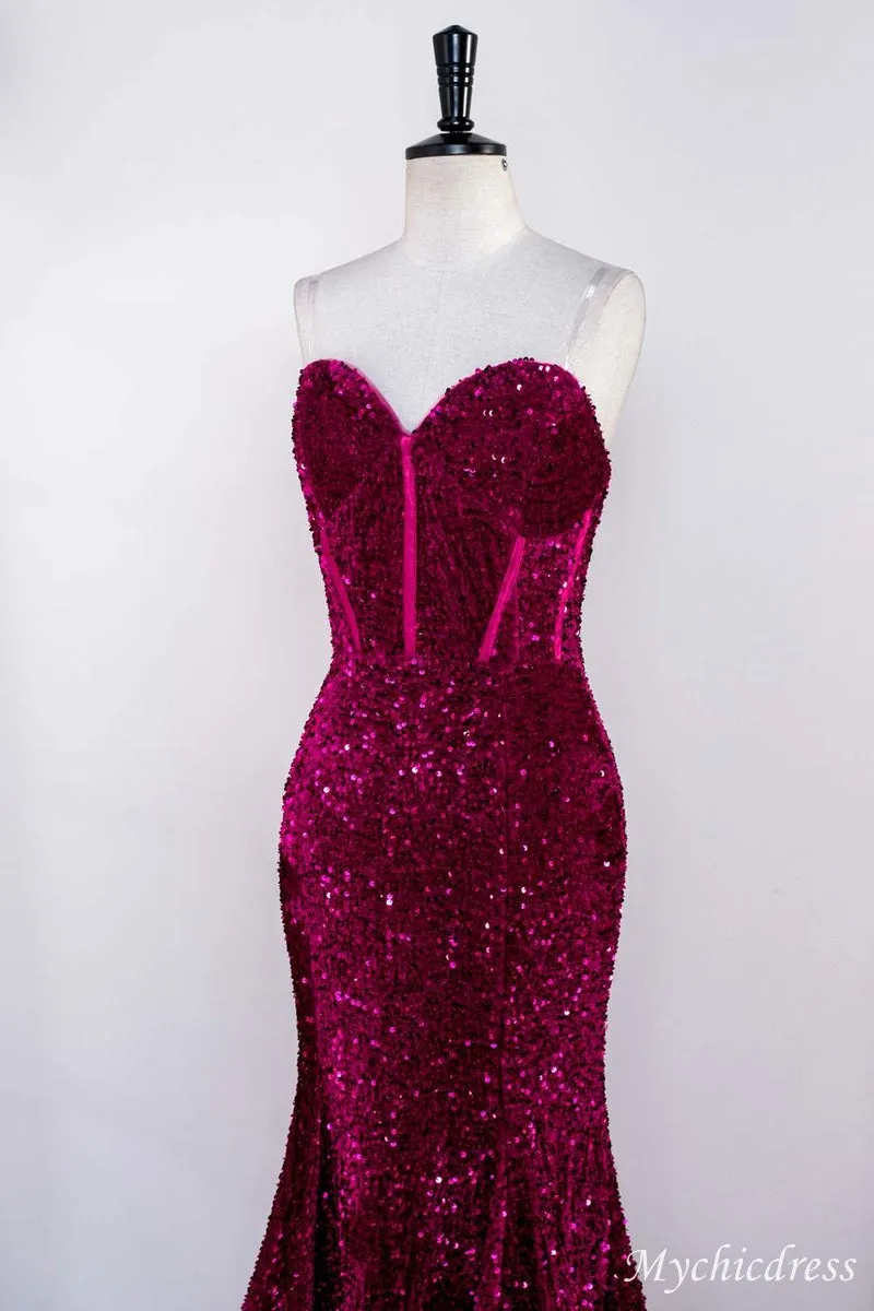 Hot Fuchsia Sequin Mermaid Prom Evening Dresses Magenta Sweetheart