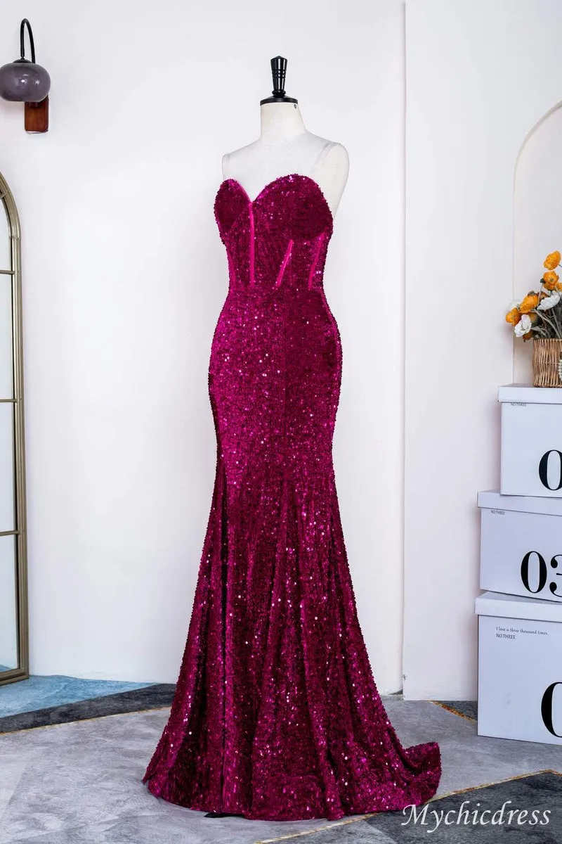 Hot Fuchsia Sequin Mermaid Prom Evening Dresses Magenta Sweetheart