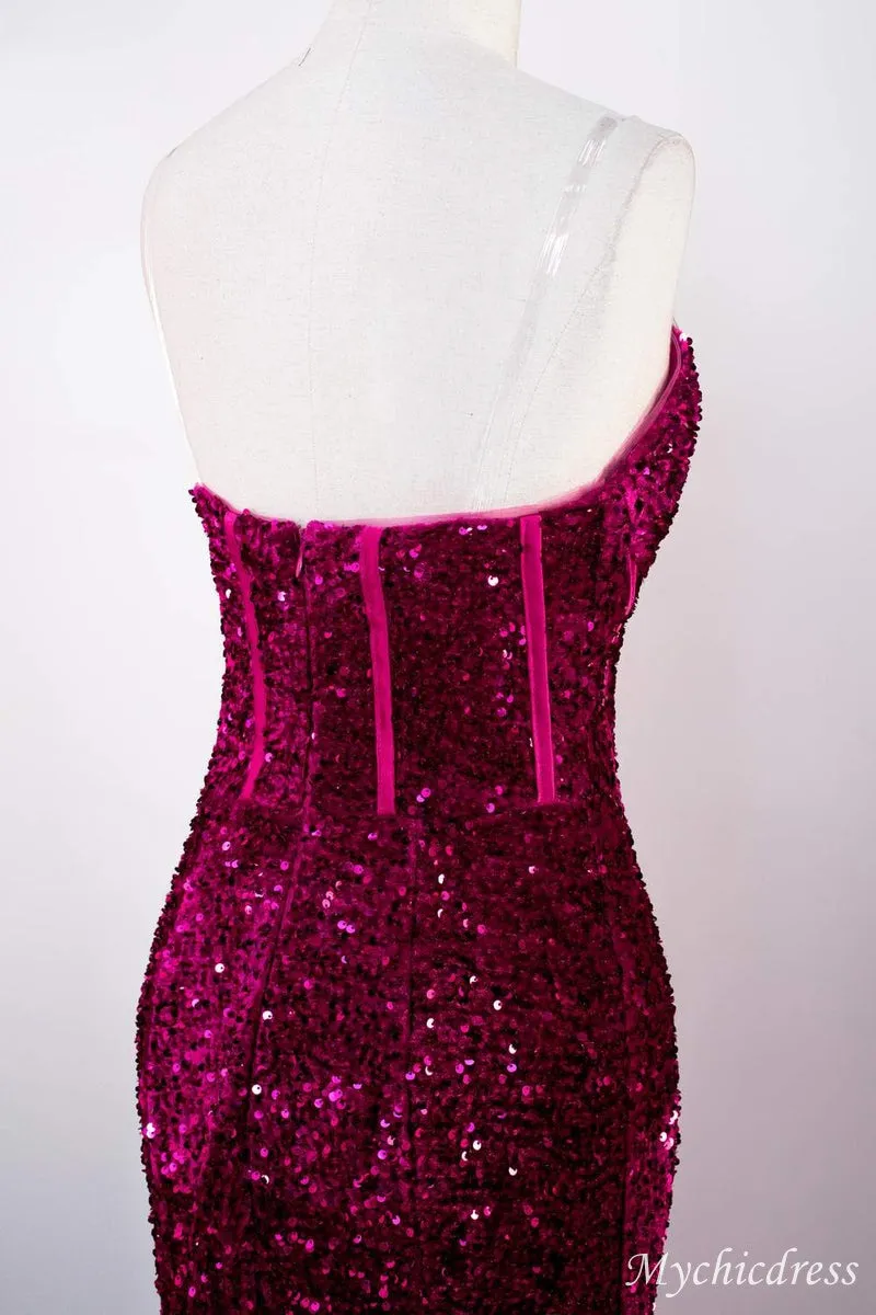 Hot Fuchsia Sequin Mermaid Prom Evening Dresses Magenta Sweetheart